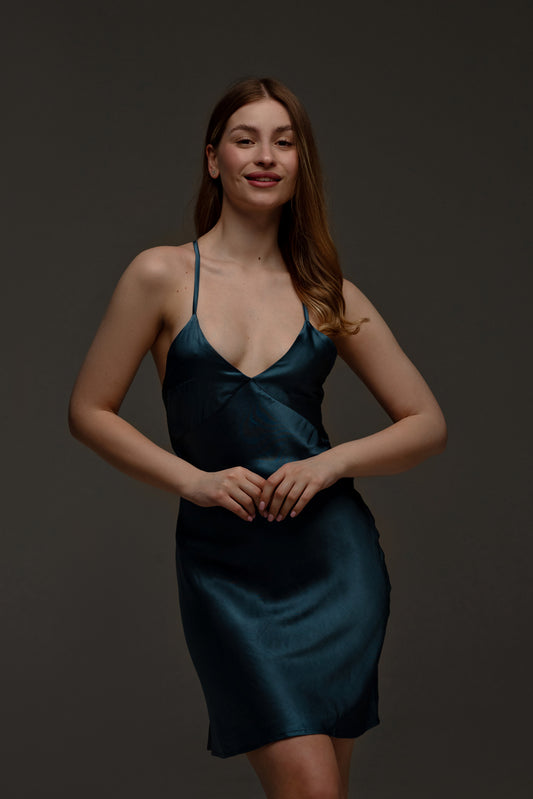 атласна жіноча сукня комбінація з віскозного шовку красивого синього кольору[173 см]