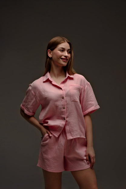 Купити рожеву муслінову піжама на літо в інтернет магазині Sleep&Go
